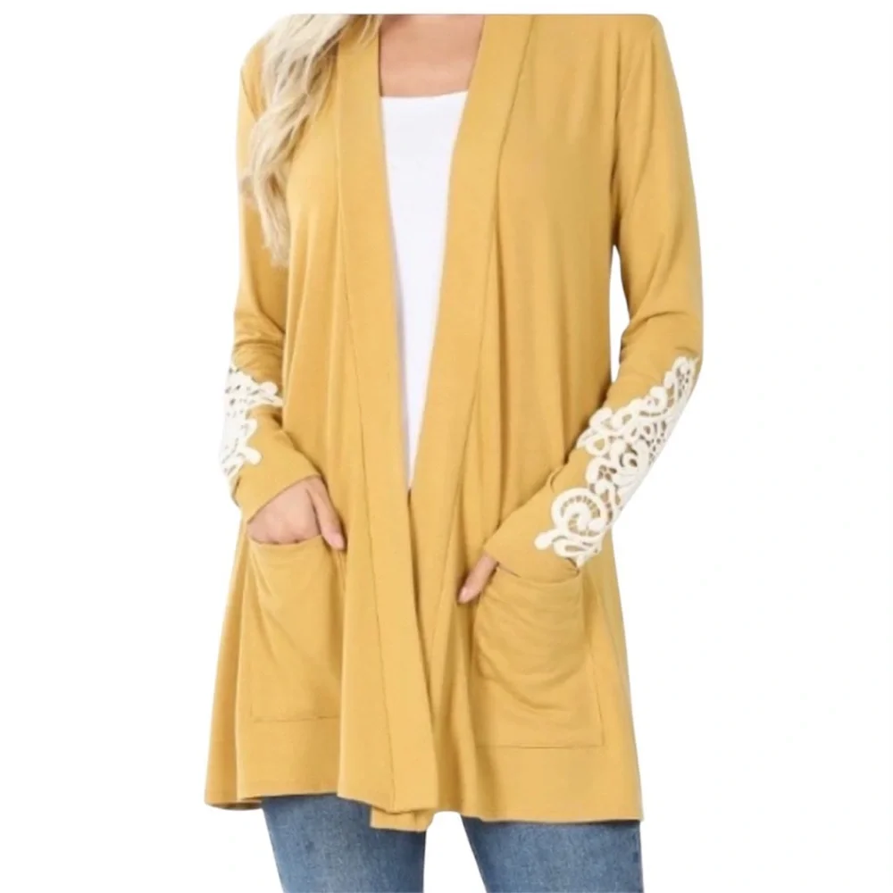 Zenana Premium Lt Mustard Open Cardigan with Lace Detail Sleeve Size 1X - Picture 1 of 7